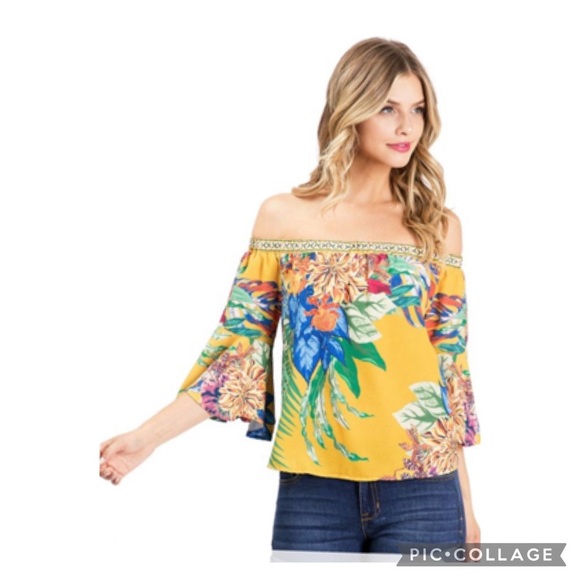Flying Tomato Mustard Floral Off-The-Shoulder Top Size Medium - Picture 14 of 15